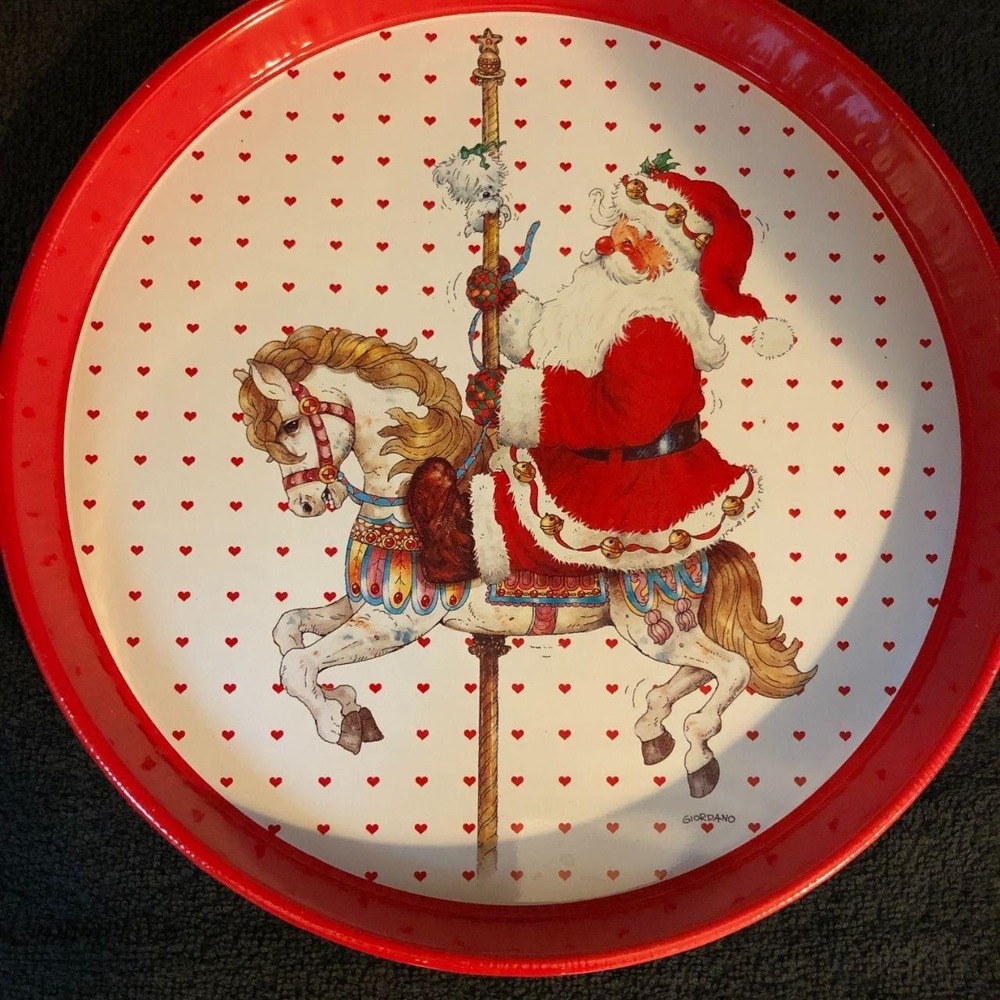 Vintage Giordano 1992 11.75" Christmas Tray / Santa Carousel Horse Metal Tray